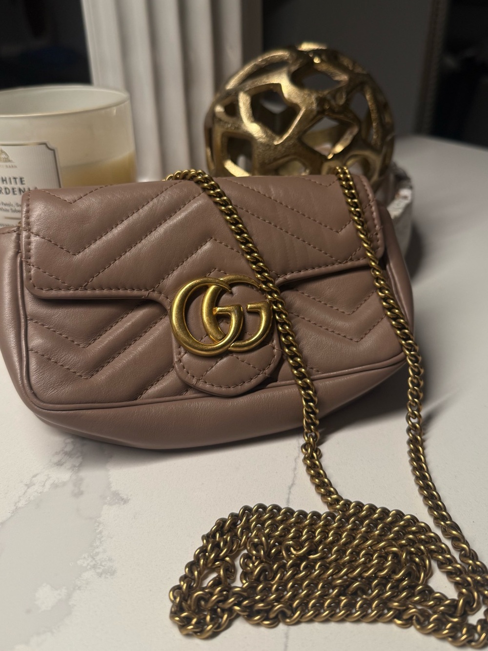 Gucci Small Matelassé Crossbody Bag in Taupe with Gold Hardware